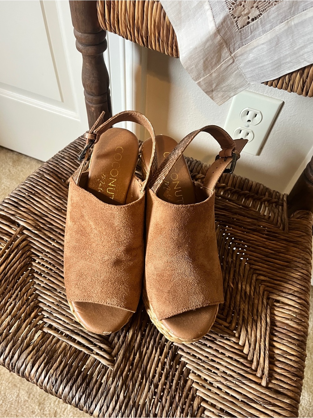 Coconuts by Matisse Suede Open-Toe Slingback Wedge in Camel Brown